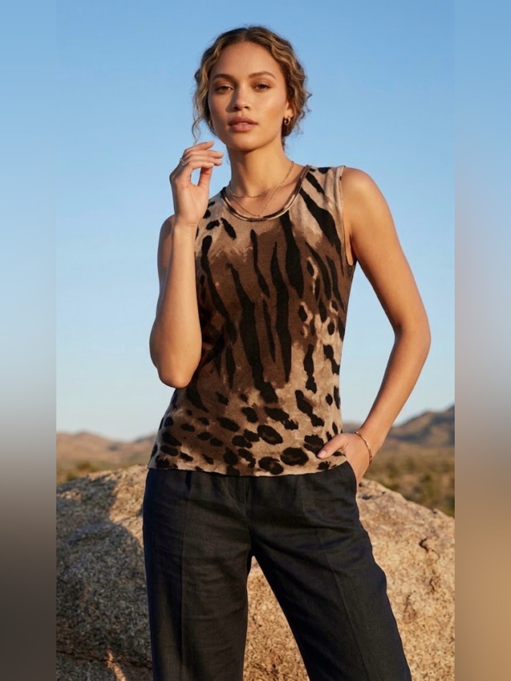 Luisa Cerano Sleeveless Animal Print - Virgin Wool & Silk  Tank Top - size US 8
